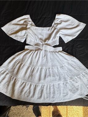 White Boho Cutout Mini Dress XS | Cottagecore Beach Vacation Dress